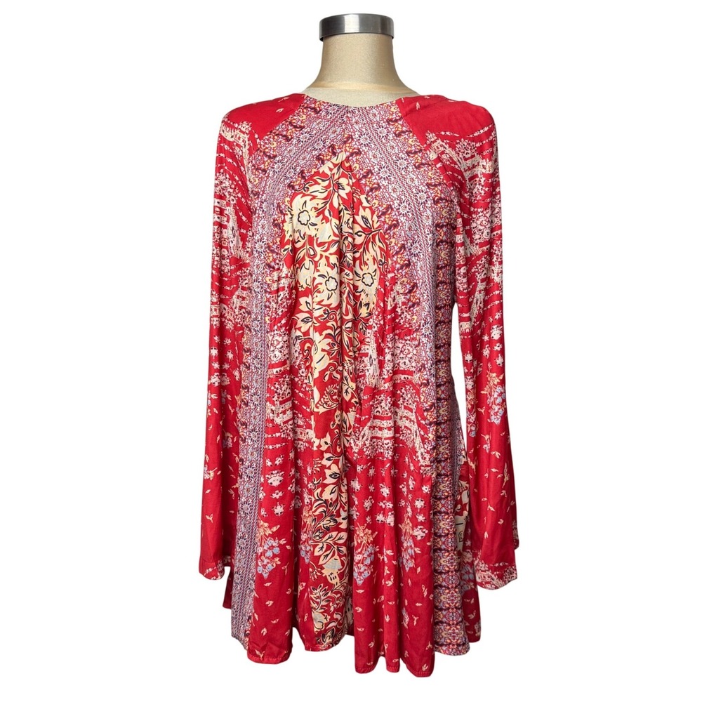Free People Red Floral Boho Mini Dress XL Long Sleeve Cutout Back Tunic